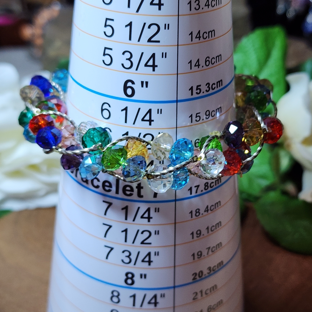 Chunky Multicolor Crystal Wire-Wrapped  Beaded Stretch Bracelet - Picture 7 of 8
